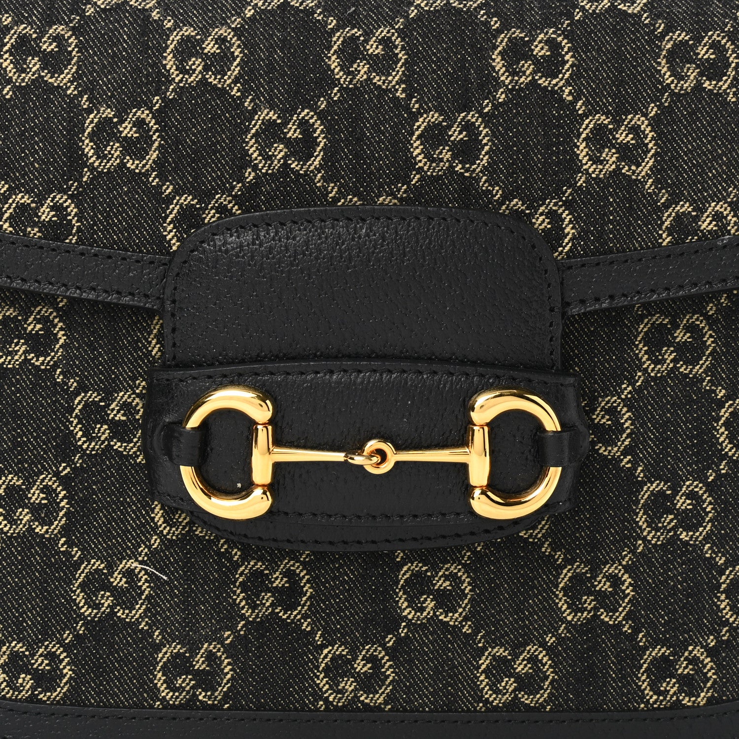 Gucci Jacquard Black Denim GG Monogram Textured Dollar Calfskin Horsebit 1955 Shoulder Bag Black Ivory 9 of 13