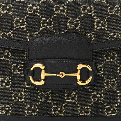 Gucci Jacquard Black Denim GG Monogram Textured Dollar Calfskin Horsebit 1955 Shoulder Bag Black Ivory 9 of 13