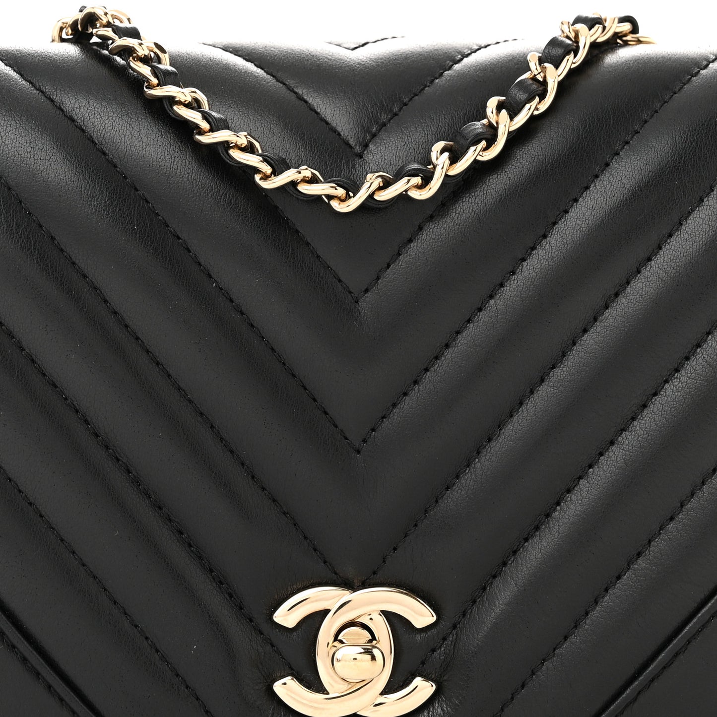 Calfskin Chevron Quilted Mini Statement Flap Black