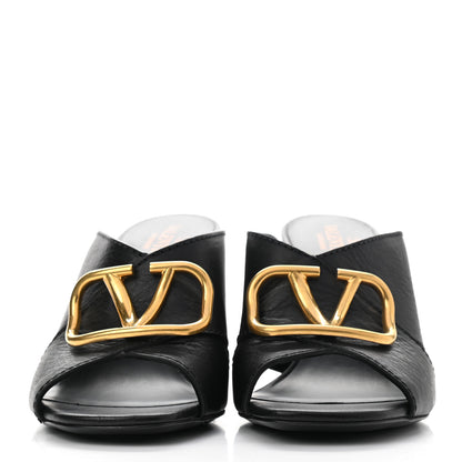 Valentino Garavani Grainy Cowhide VLogo Mid Heel Slide Sandals 37 Black 2 of 13