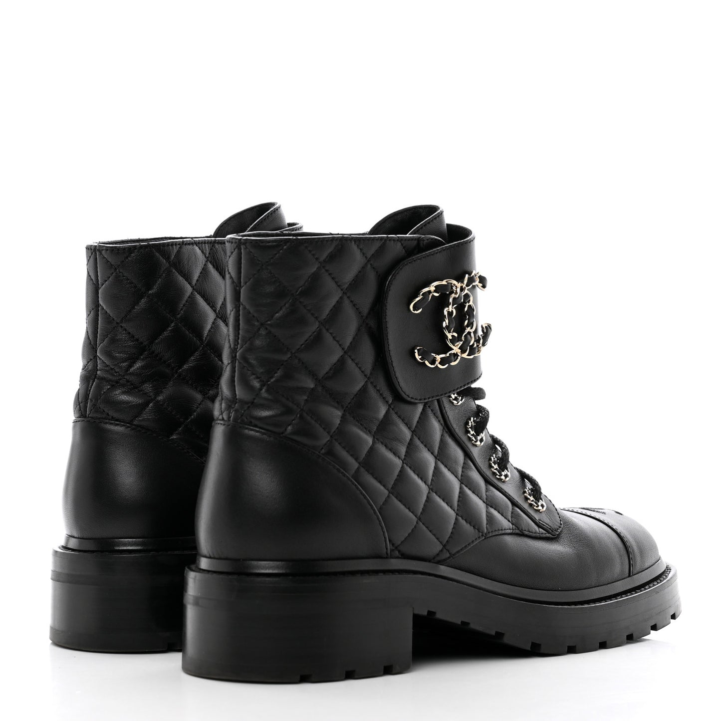 Shiny Lambskin Quilted Lace Up Combat Boots 40 Black