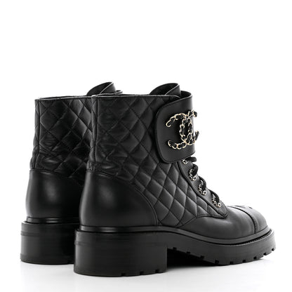 Chanel Shiny Lambskin Quilted Lace Up Combat Boots 40 Black 4 of 8