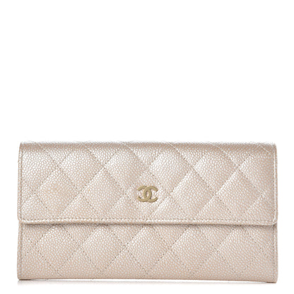Chanel Metallic Caviar Quilted Large Gusset Flap Wallet Light Beige 1 of 16