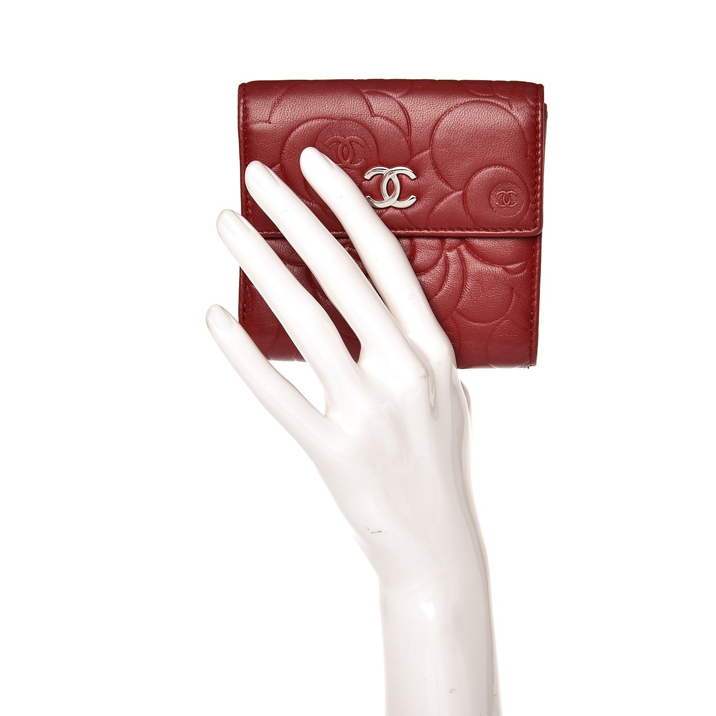 Lambskin Camellia Embossed French Wallet Dark Red