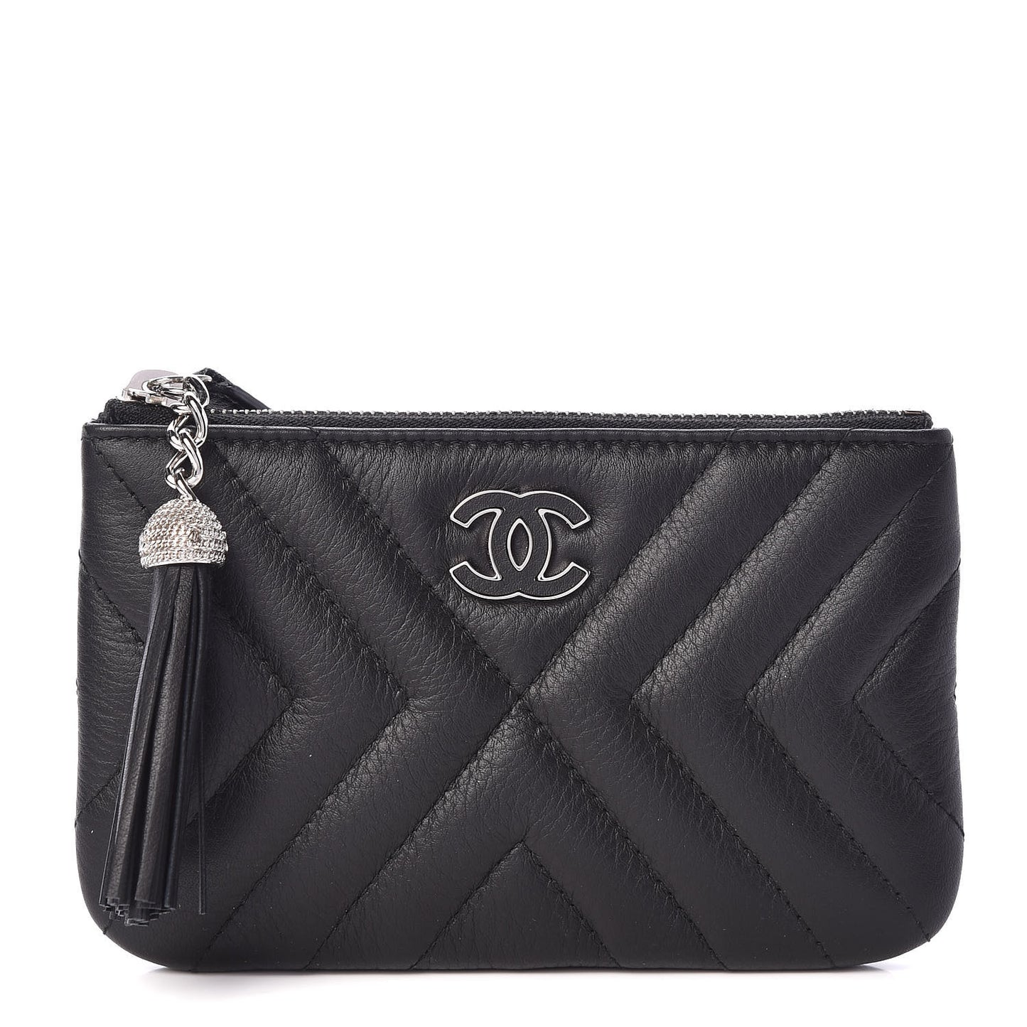 Calfskin Chevron Quilted Tassel Small Cosmetic Case Black
