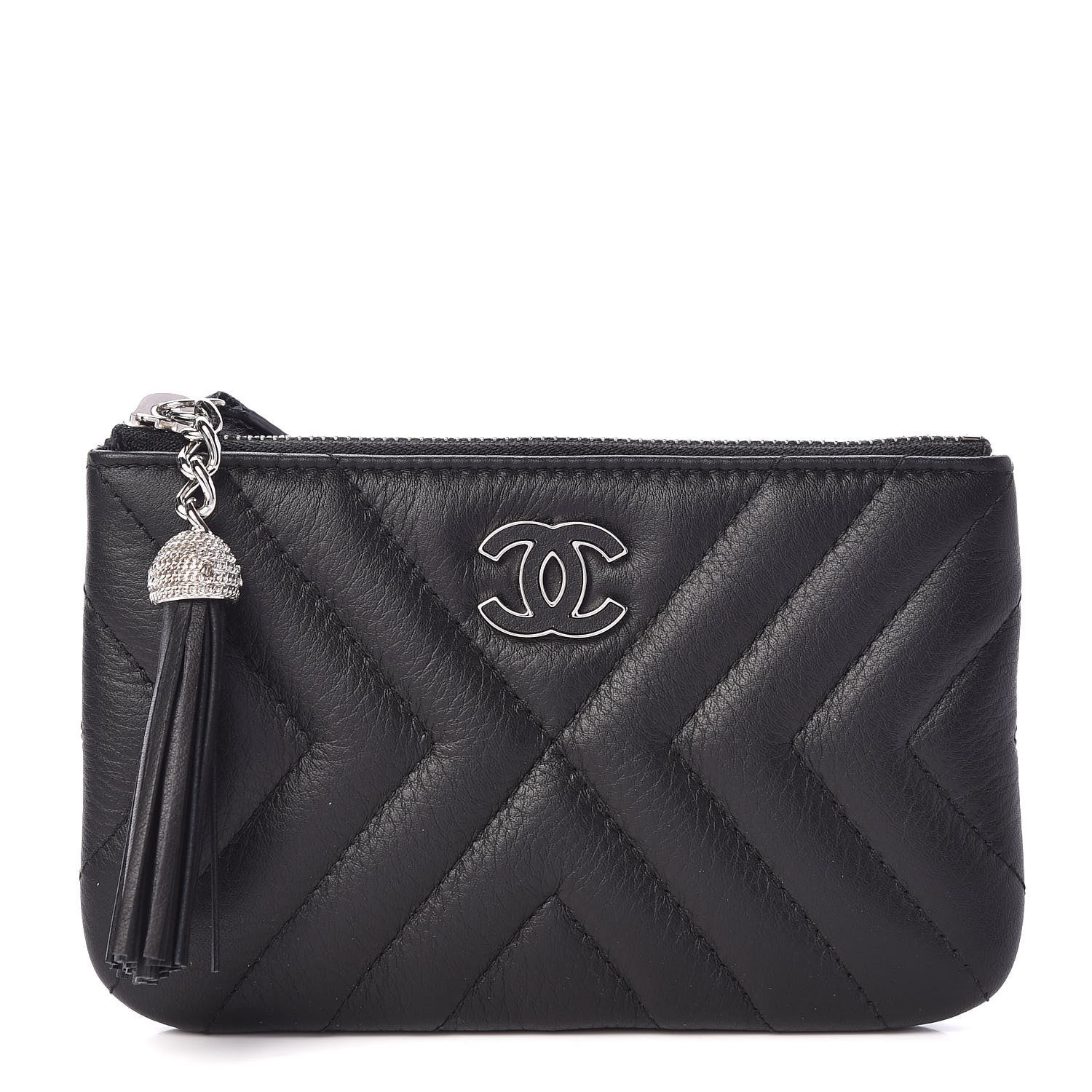 Chanel Calfskin Chevron Quilted Tassel Small Cosmetic Case Black 1 of 8