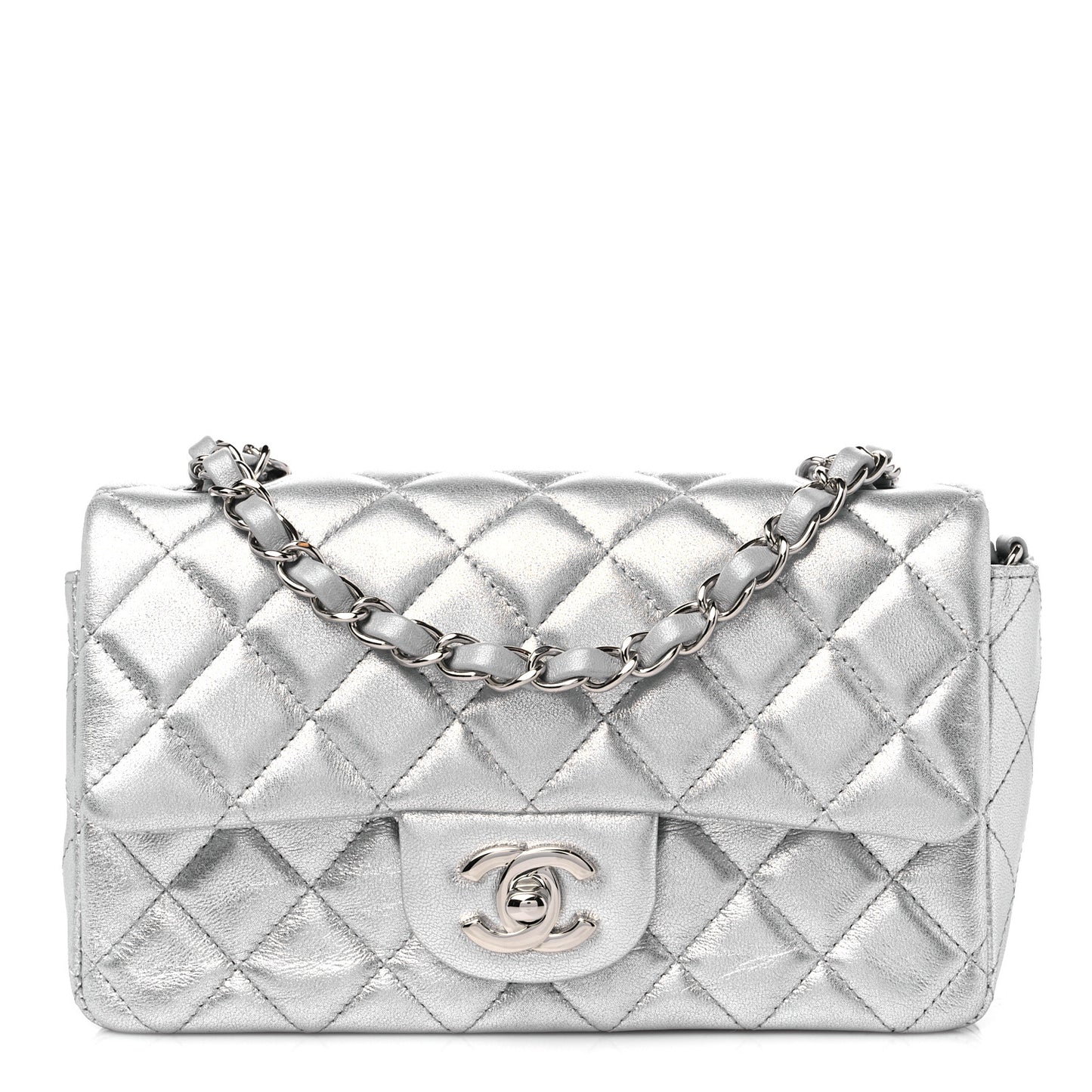 Metallic Lambskin Quilted Mini Rectangular Flap Silver