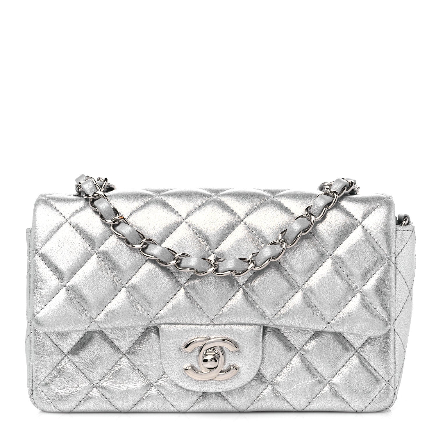 Chanel Metallic Lambskin Quilted Mini Rectangular Flap Silver 1 of 9