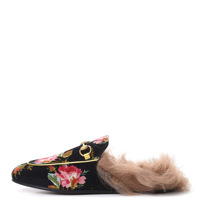 Gucci Velvet Fur Floral Womens Princetown Slippers 36 Black 1 of 10