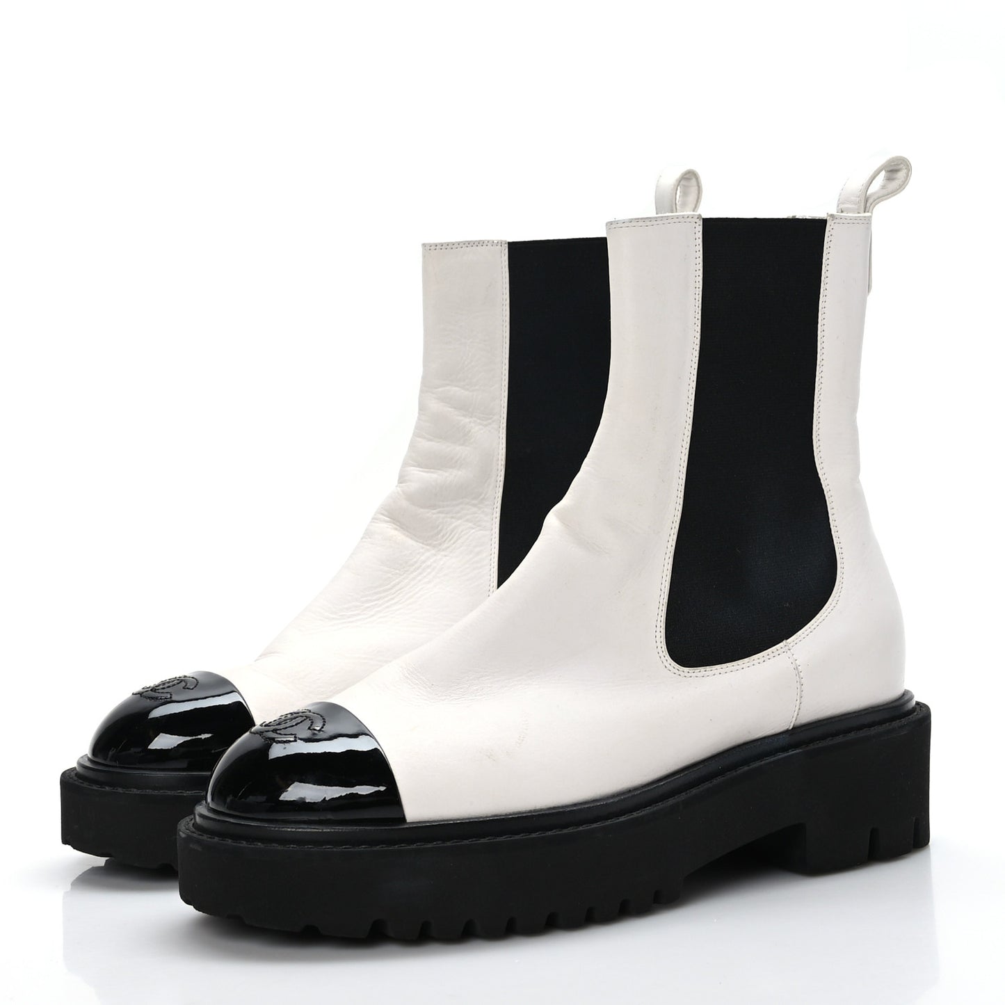 Patent Calfskin Cap Toe CC Ankle Boots 38.5 White Black