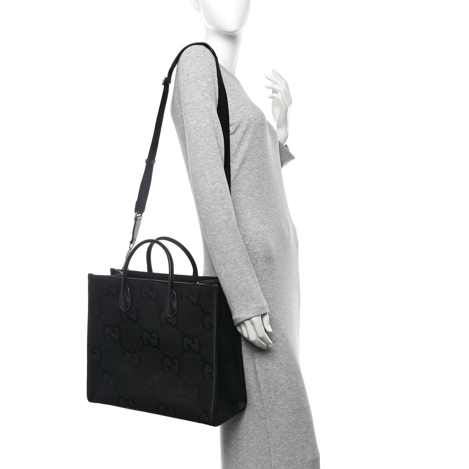 Gucci Monogram Jumbo GG Textured Dollar Calfskin Tote Bag Black 2 of 12