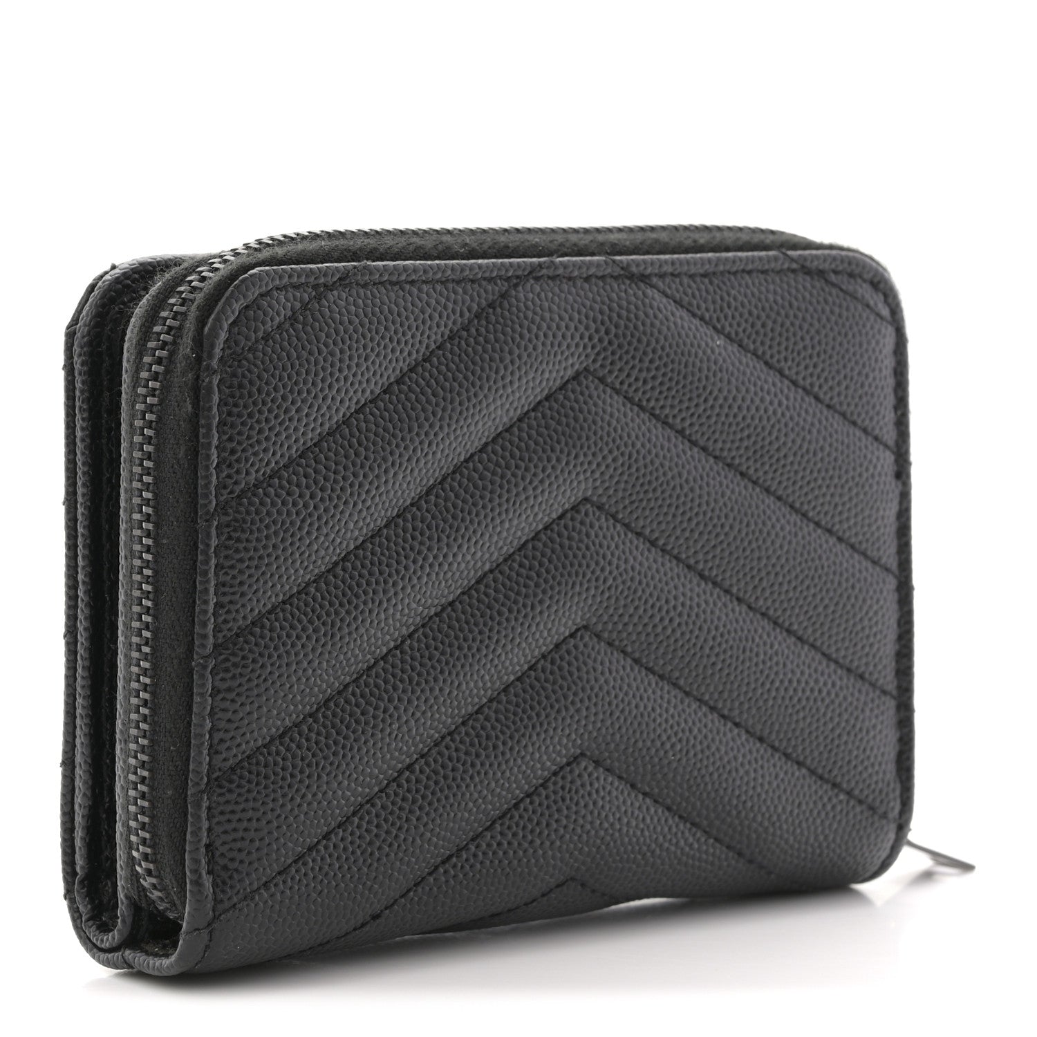 Saint Laurent Grain De Poudre Matelasse Chevron Monogram Monochrome Compact Zip Around Wallet Black 3 of 9