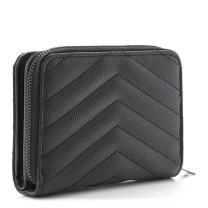 Saint Laurent Grain De Poudre Matelasse Chevron Monogram Monochrome Compact Zip Around Wallet Black 3 of 9