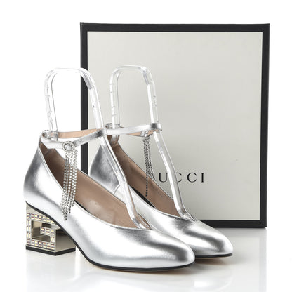 Gucci Metallic Nappa Crystal Square G Mid Heel Pumps 40.5 Silver 7 of 7