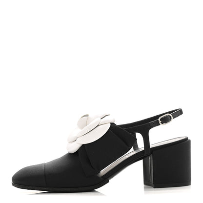 Chanel Grosgrain Lambskin Cap Toe Camellia Bow Slingback Pumps 37.5 Black 1 of 13