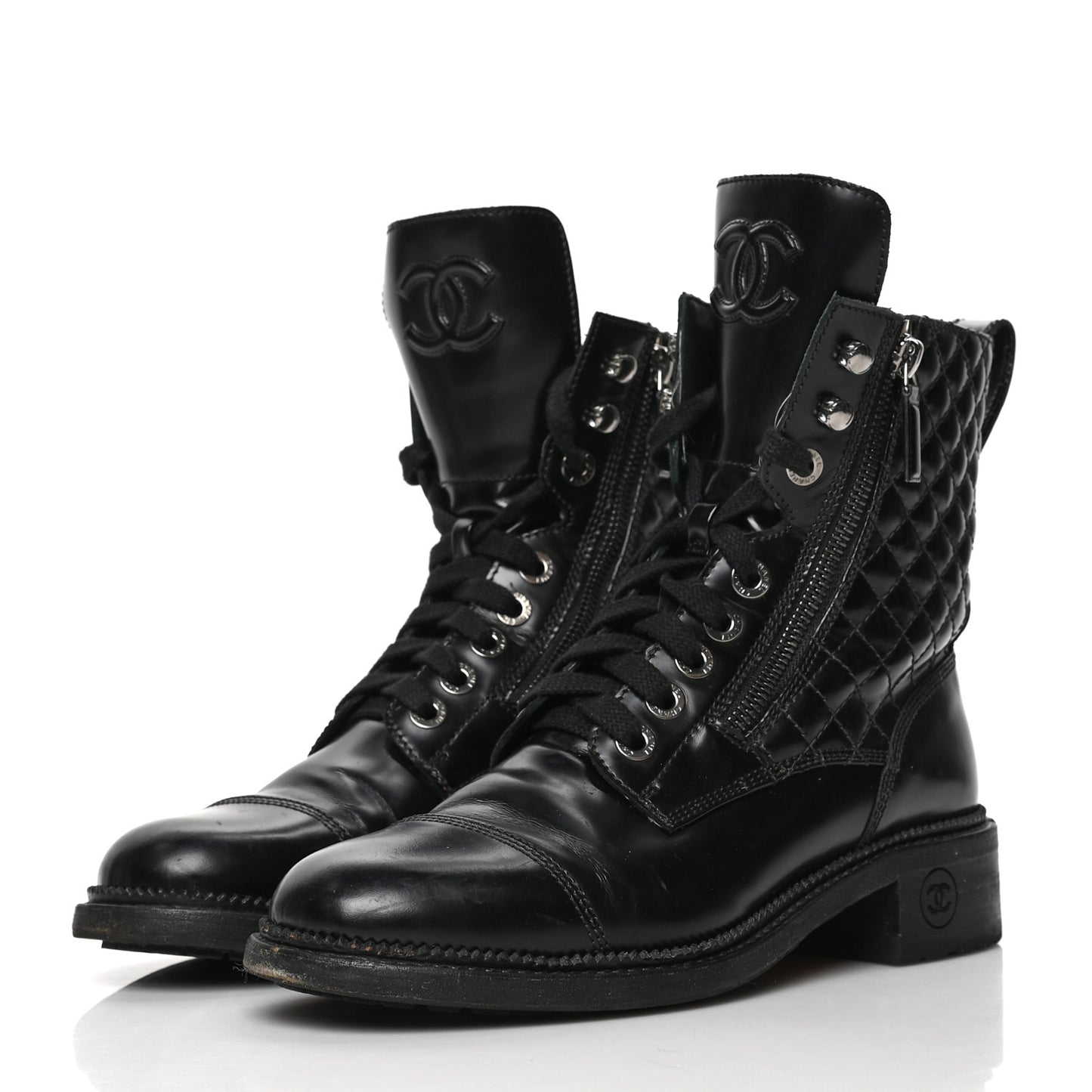 Calfskin Quilted Lace Up Combat Boots 38.5 Black