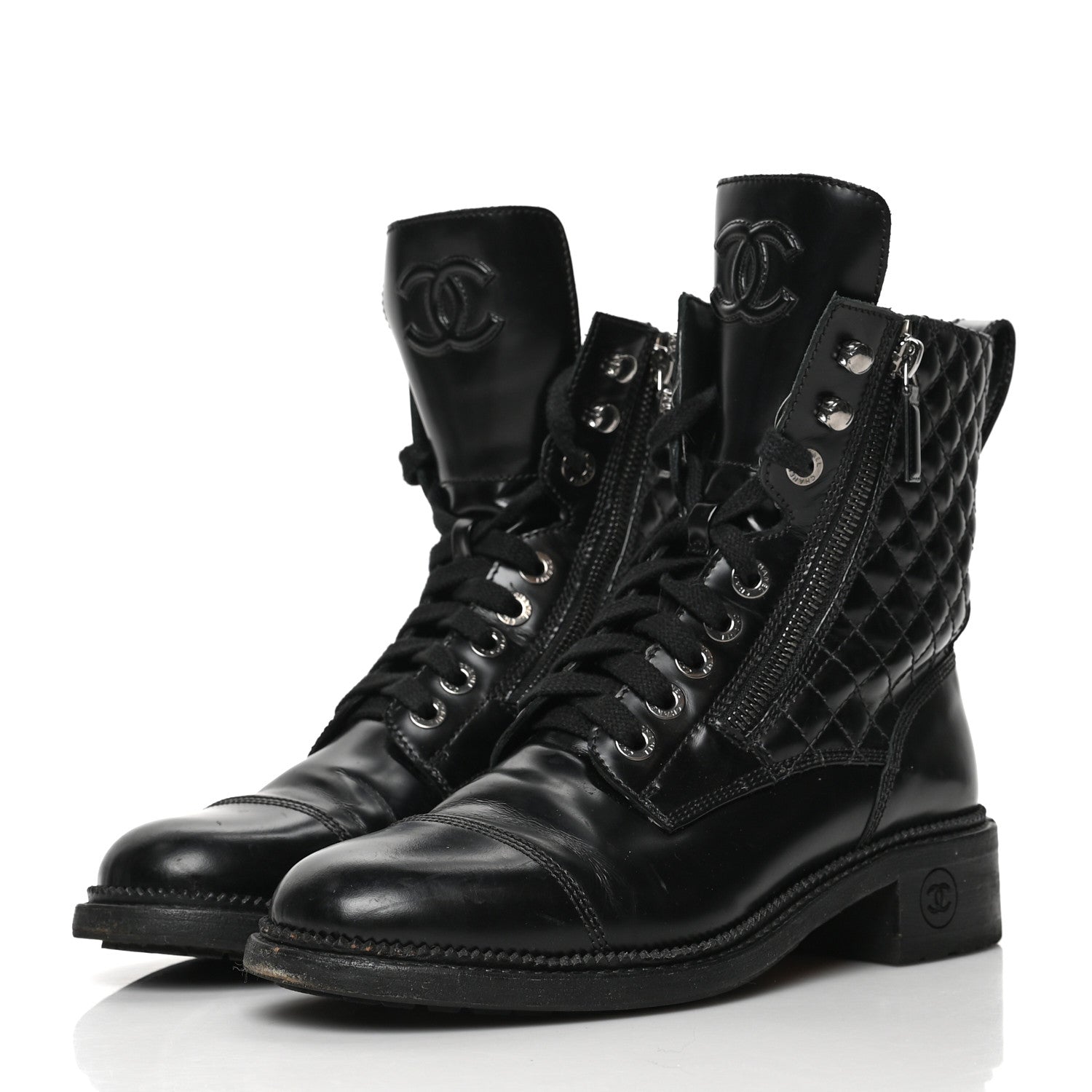 Chanel Calfskin Quilted Lace Up Combat Boots 38.5 Black 3 of 11