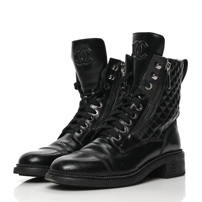 Chanel Calfskin Quilted Lace Up Combat Boots 38.5 Black 3 of 11