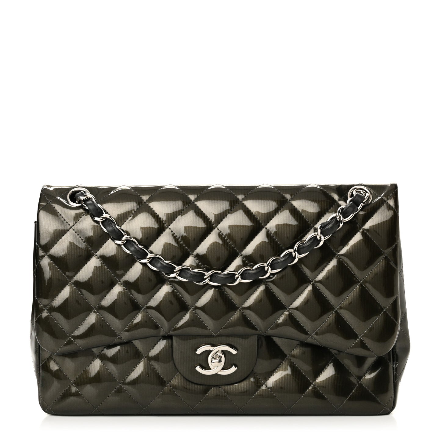 Striated Patent Quilted Jumbo Double Flap  Dark Grey