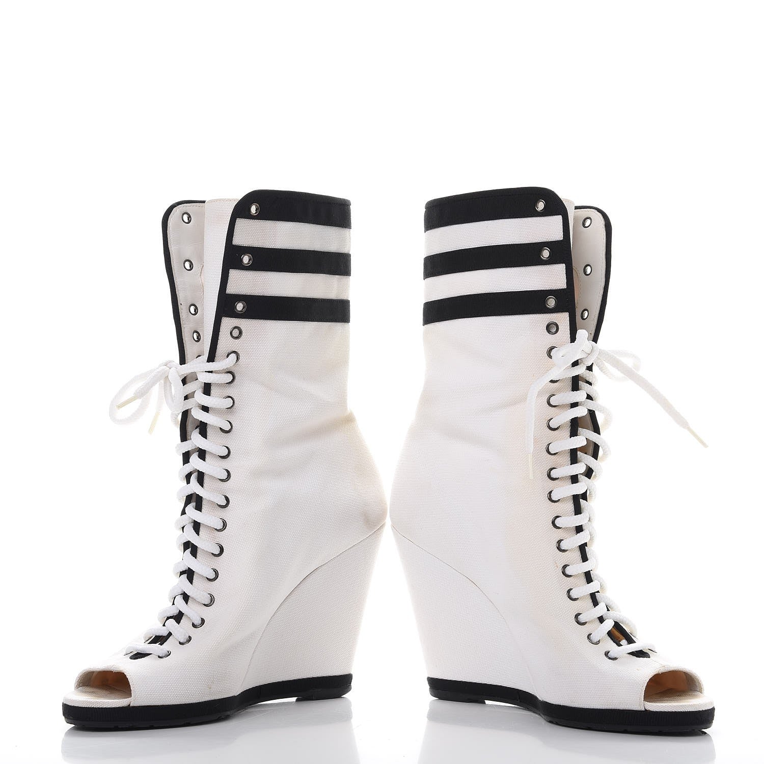 Chanel Canvas Lace Up Wedge Boots 37.5 White Black 5 of 18