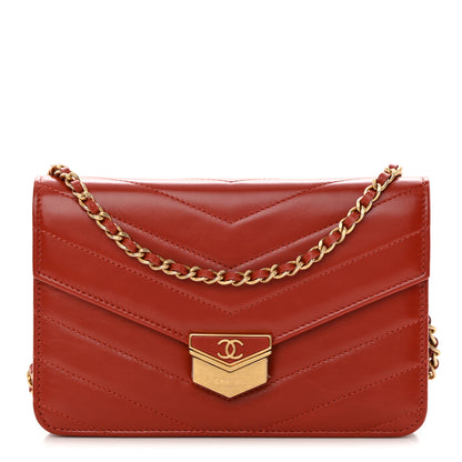 Chanel Calfskin Chevron Quilted Medal Wallet On Chain WOC Red 1 of 13