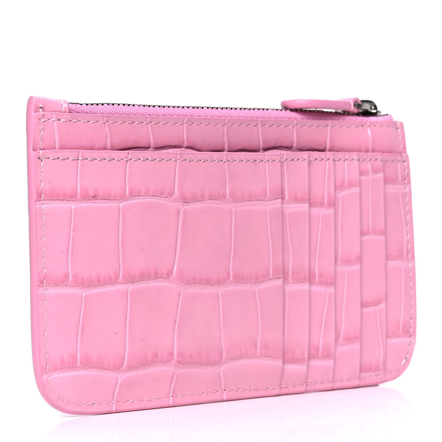 Balenciaga Shiny Calfskin Logo Crocodile Embossed Large Cash Long Coin Card Holder Pink Black 2 of 4
