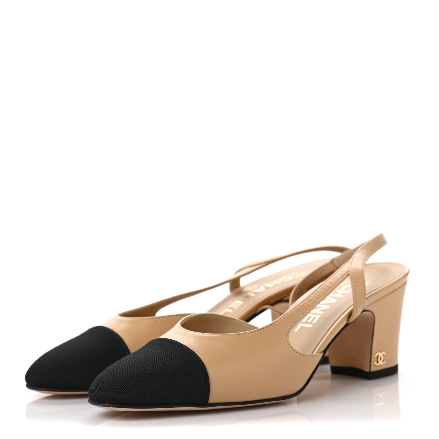 Goatskin Grosgrain Cap Toe CC Slingback Pumps 35.5 Beige Black