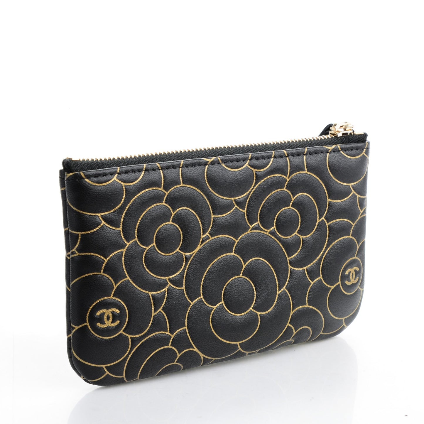 Lambskin Camellia Embossed Cosmetic Pouch Black Gold