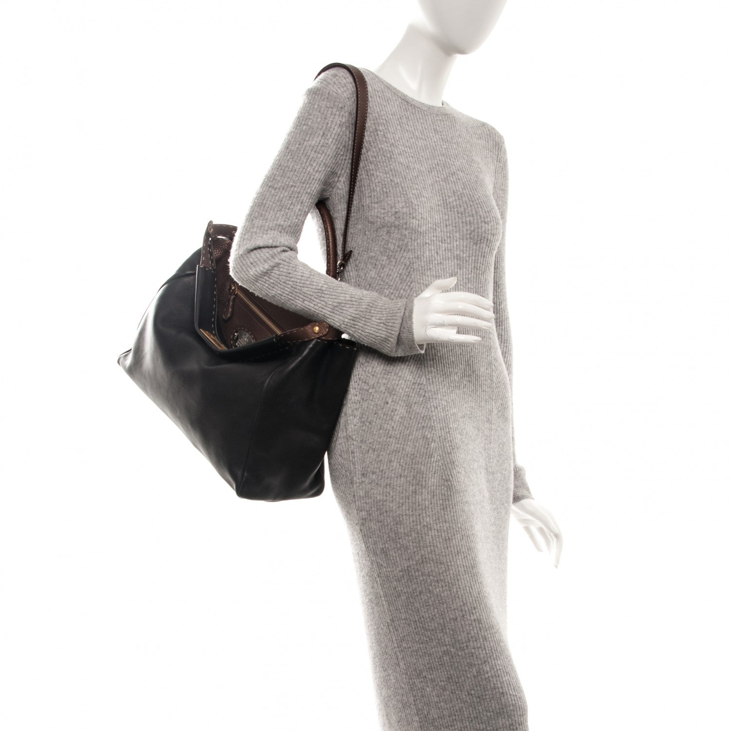 Fendi Vitello Saddle Cuoio Romano Selleria Large Peekaboo Iconic Satchel Black 2 of 8