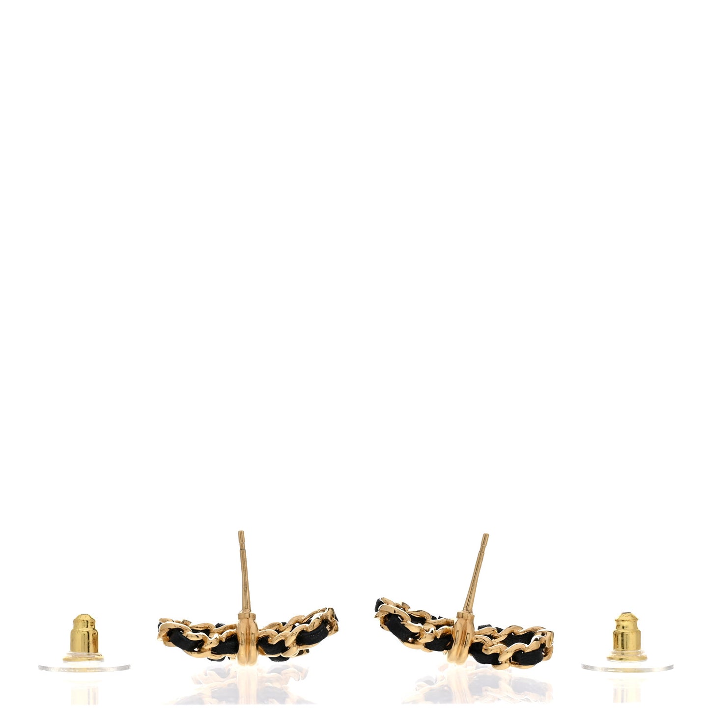 Lambskin Chain Bow Stud Earrings Black Gold