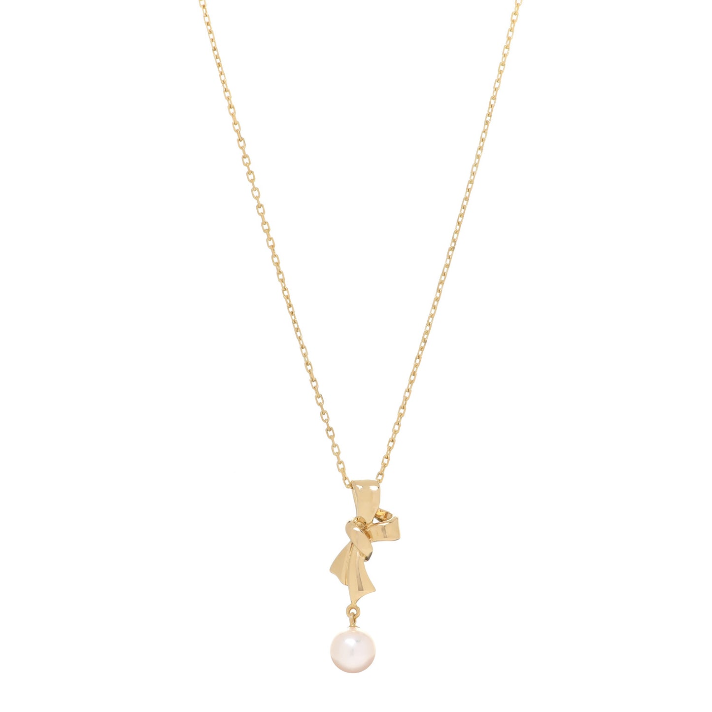 18K Yellow Gold Pearl 6mm Bow Drop Pendant Necklace