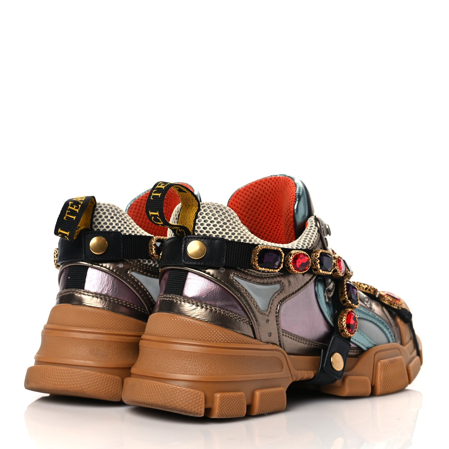 X SEGA Metallic Calfskin Mesh Removable Crystals Womens Flashtrek Sneakers 36 Rame Mystic White Lago