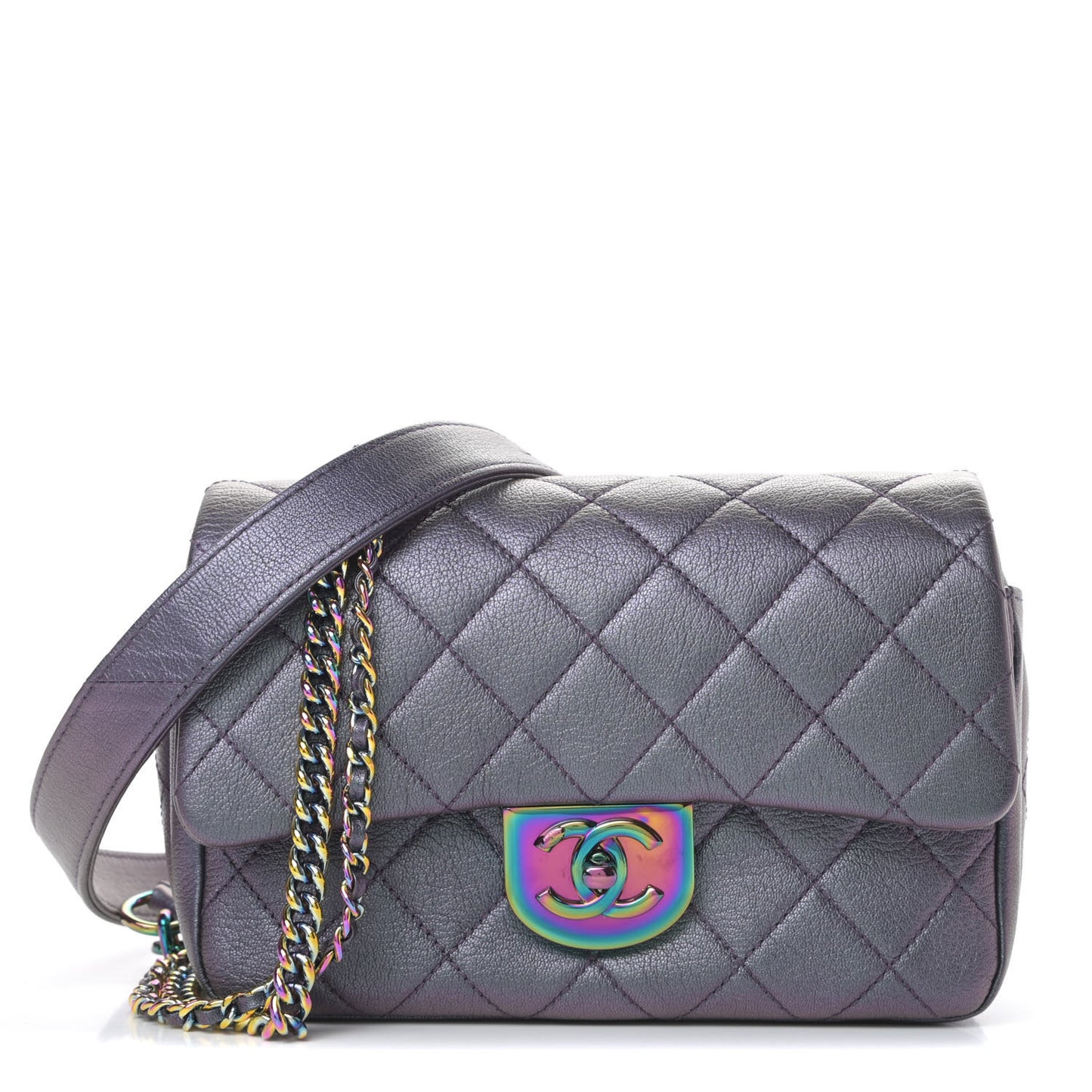 Iridescent Goatskin Quilted Small Double Carry Waist Chain Flap Purple