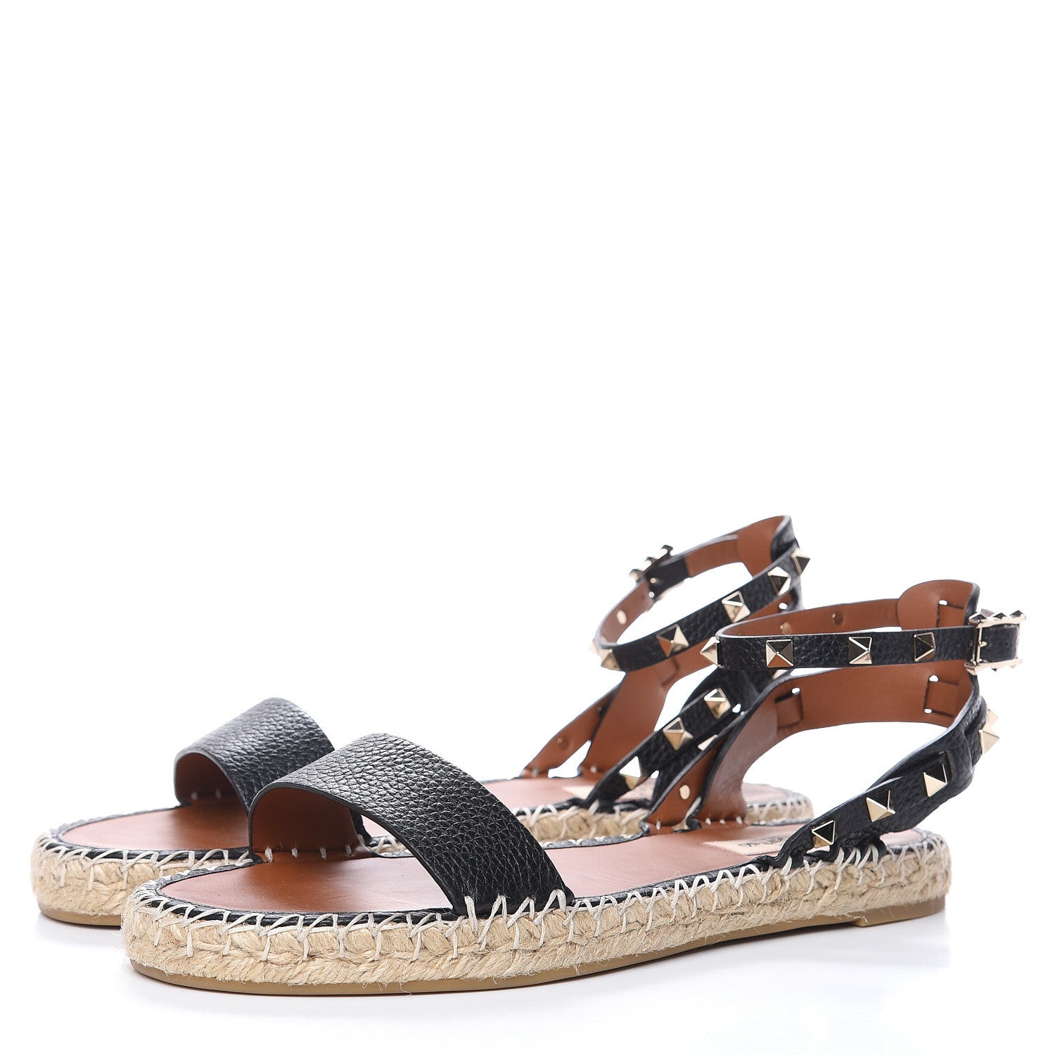 Valentino Garavani Grained Calfskin Rockstud Ankle Strap Espadrille Flat Sandals 40 Black 3 of 8