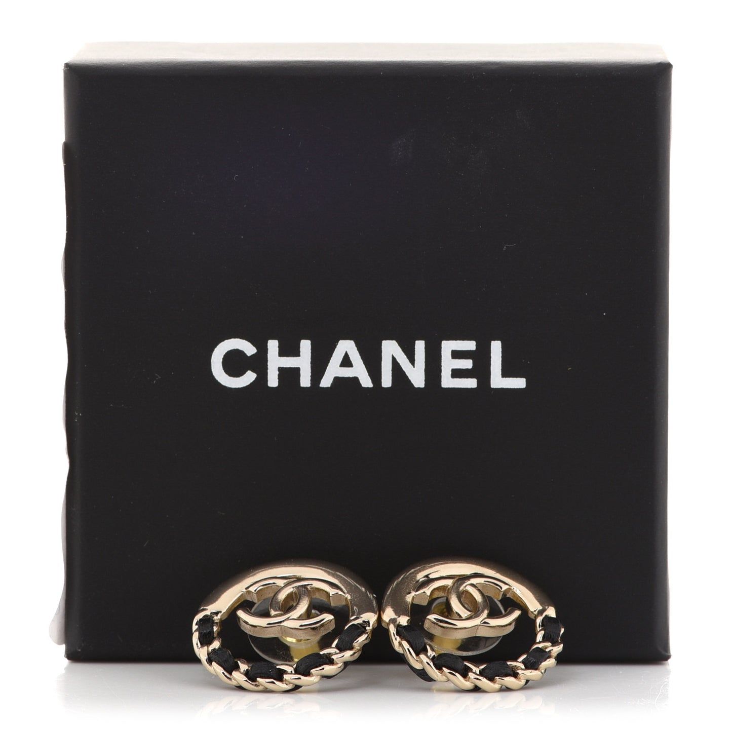 Lambskin Chain CC Round Earrings Gold Black