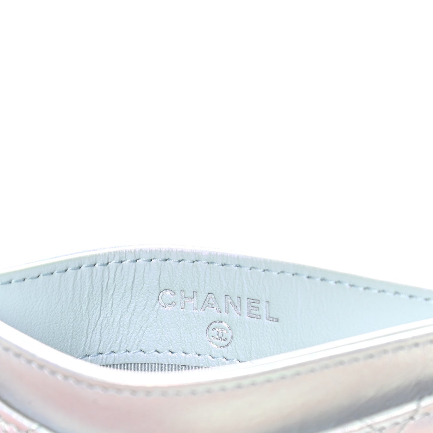 Iridescent Lambskin Quilted Card Holder Light Blue