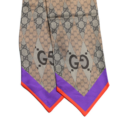 Gucci Silk Twill GG Monogram GG Rombybow Neck Bow Scarf Camel Dark Purple 3 of 4