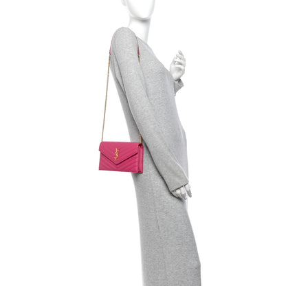 Saint Laurent Grain De Poudre Matelasse Chevron Monogram Envelope Chain Wallet Fuxia Couture 2 of 12