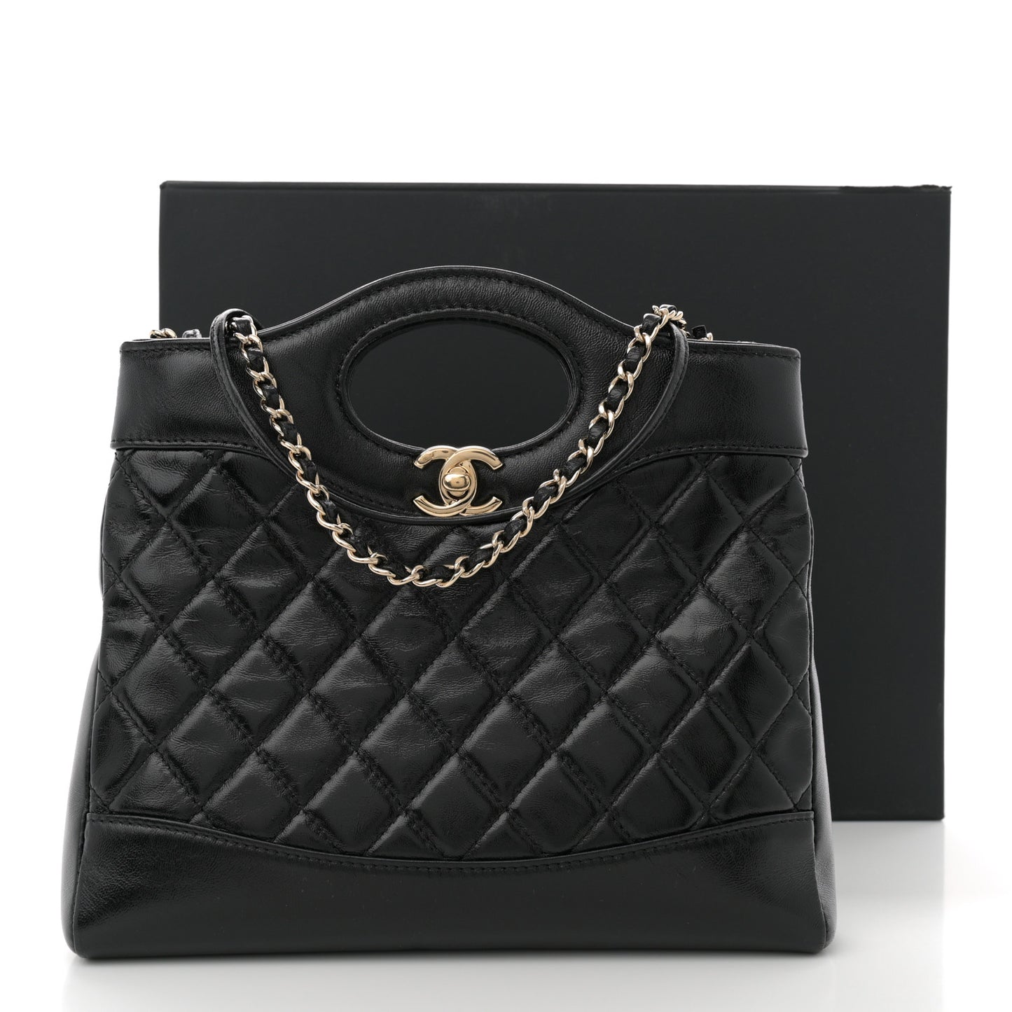 Shiny Crumpled Calfskin Quilted Mini 31 Shopping Bag Black