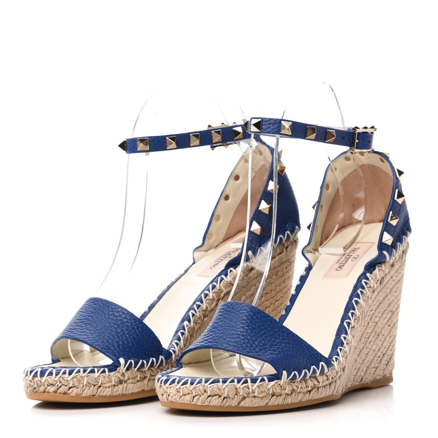 Grained Calfskin Rockstud Ankle Strap Espadrille 15/105mm Wedge Sandals 37 Blu Delft Natural