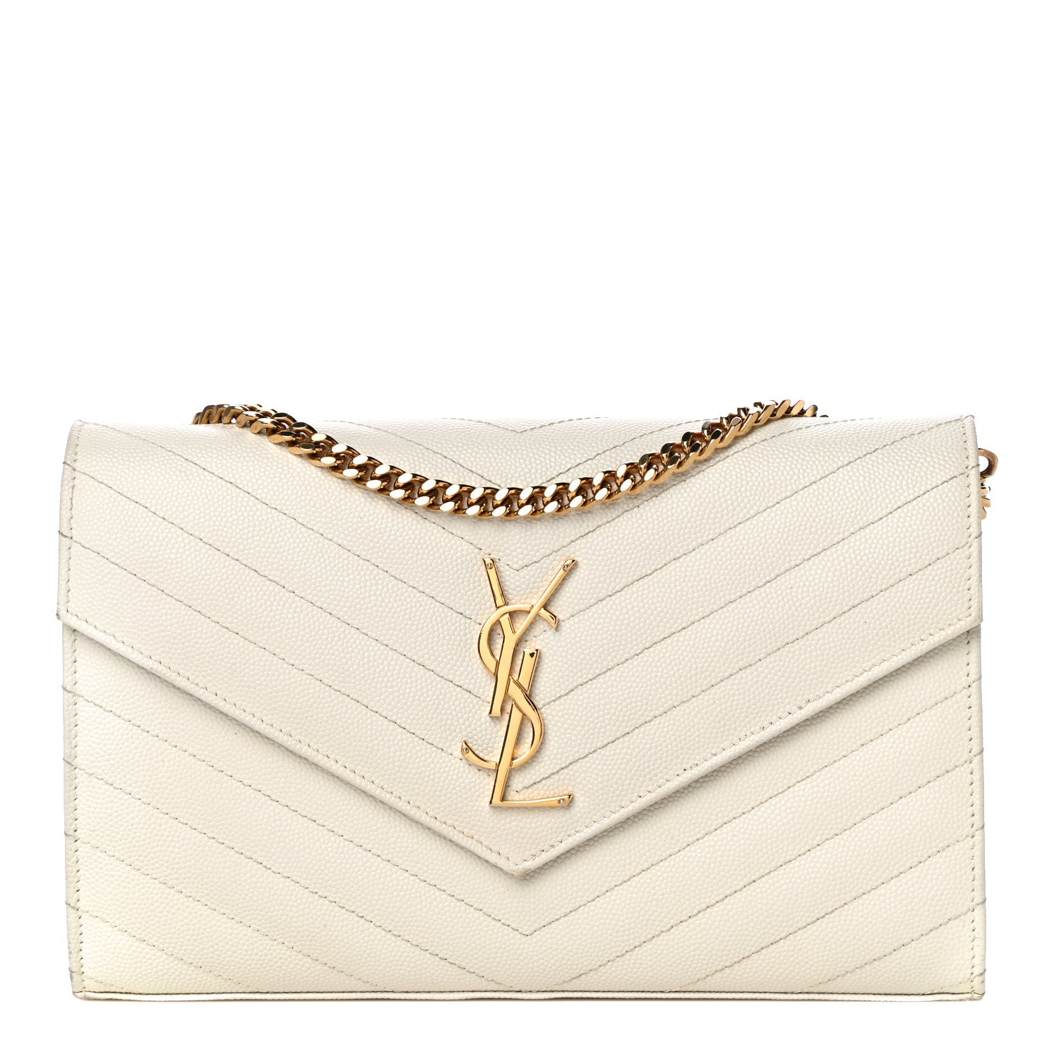 Saint Laurent Grain De Poudre Matelasse Chevron Monogram Chain Wallet White 1 of 20