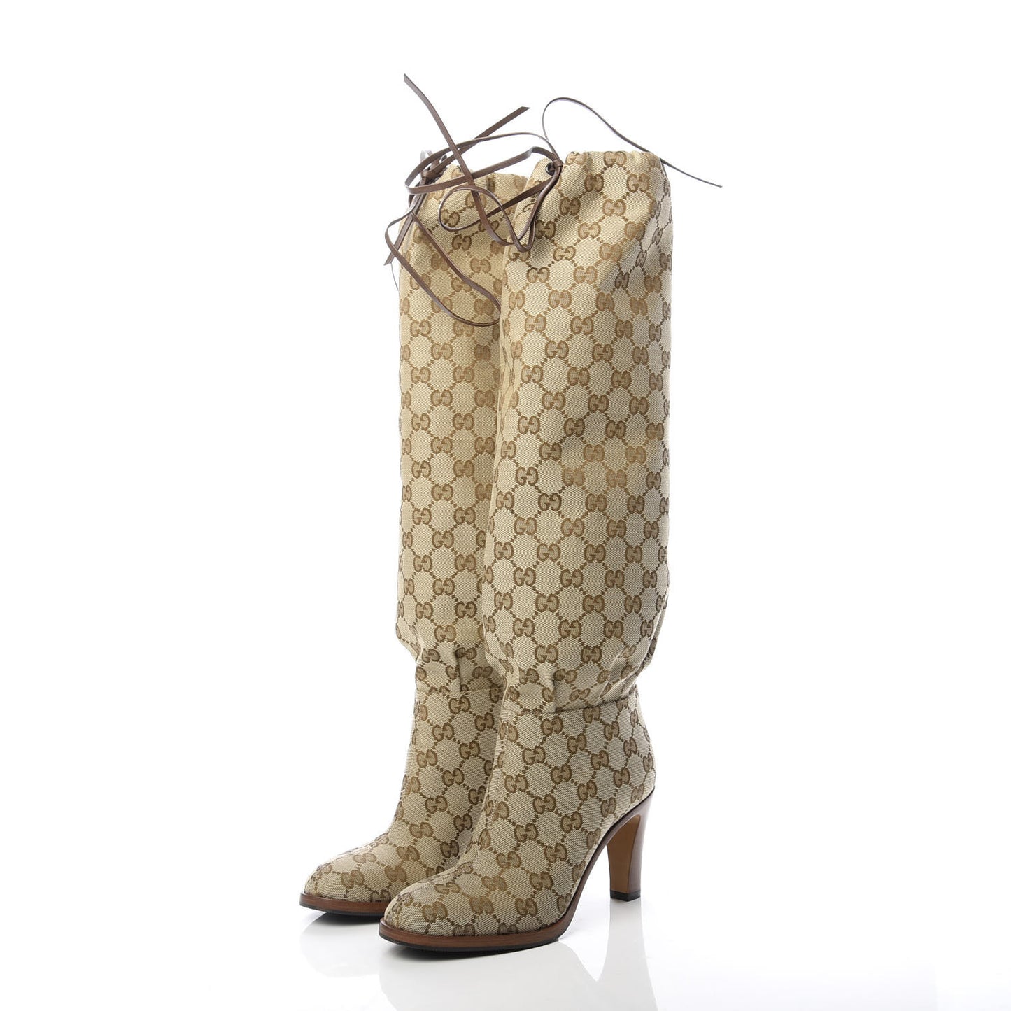 Monogram Malaga Kid Lisa Mid Heel Boots 35 Beige Ebony