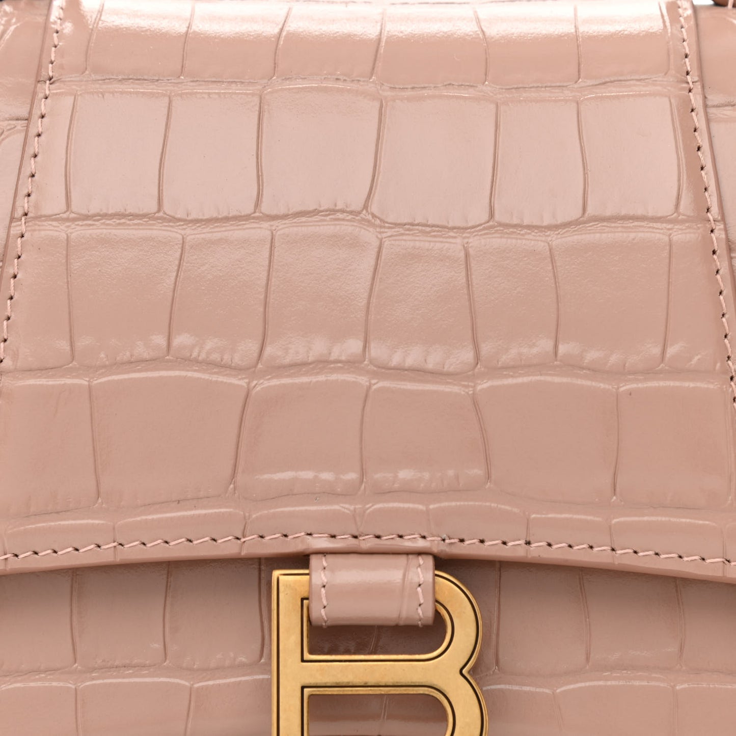 Shiny Calfskin Crocodile Embossed Small Hourglass Top Handle Bag Nude Beige