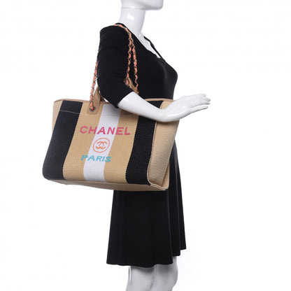 Chanel Straw Raffia Calfskin Striped Medium Deauville Tote Black Beige Ivory 2 of 12