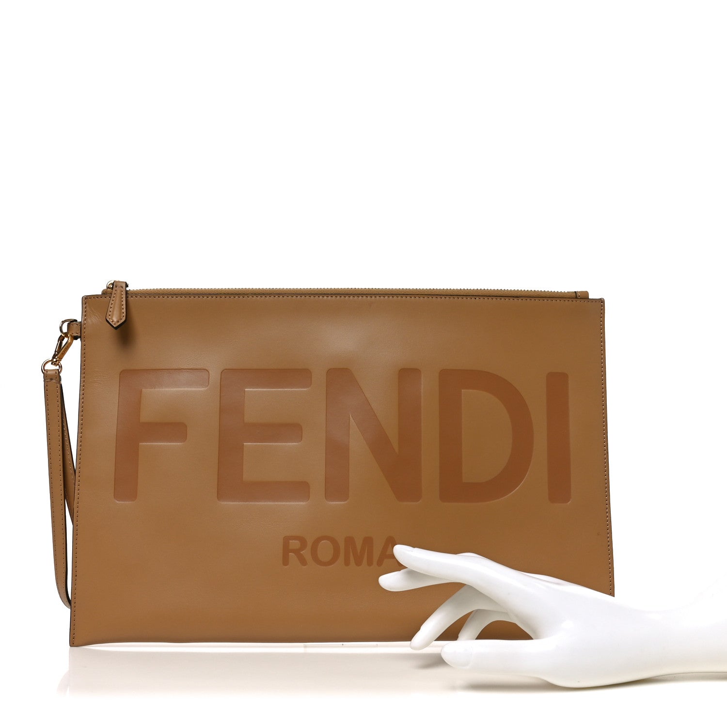 Fendi Vitello King Logo Embossed Large Flat Pouch Miele Scuro 2 of 7