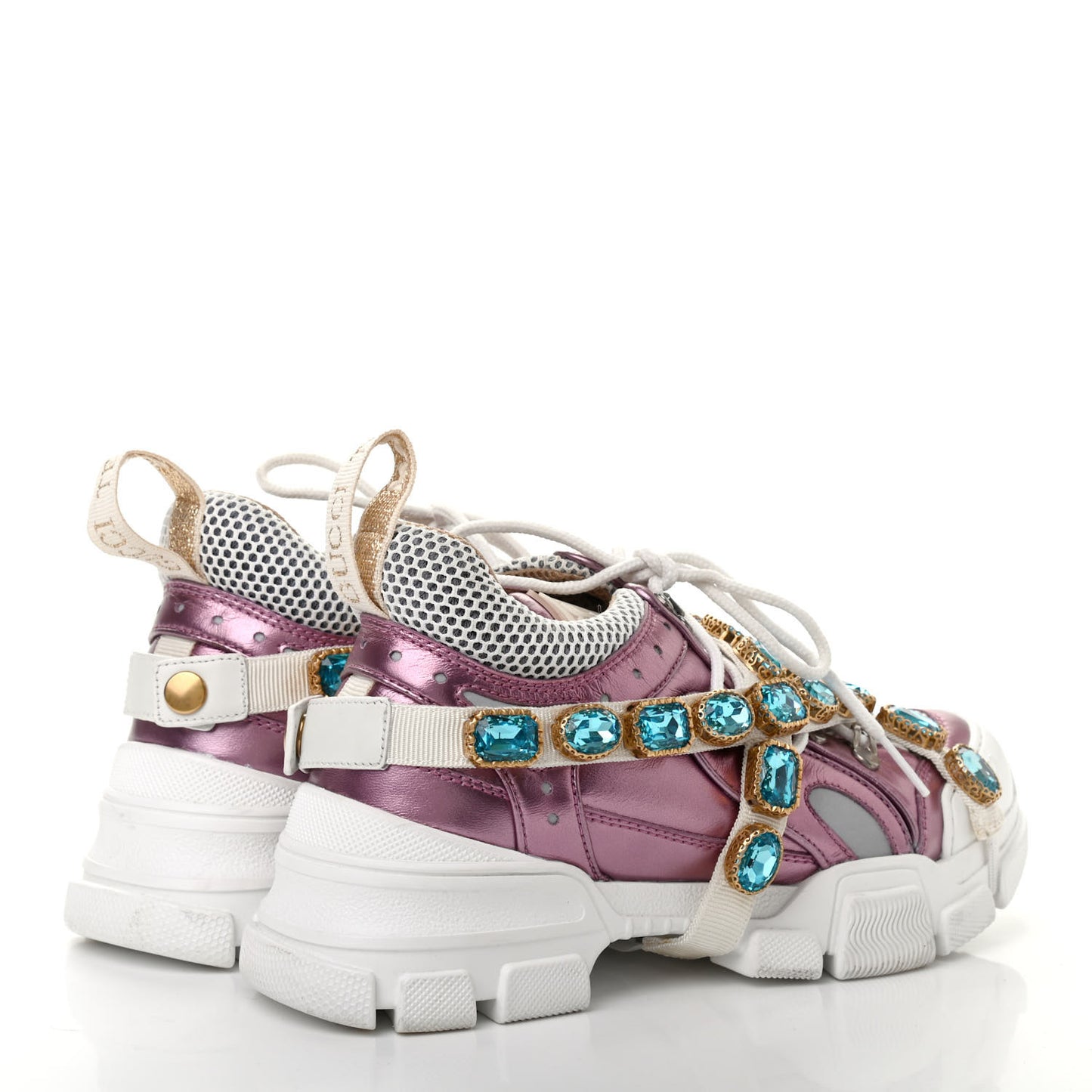 X SEGA Metallic Calfskin Mesh Removable Crystals Womens Flashtrek Sneakers 37 Rosa Great White Silver