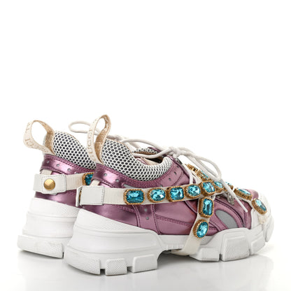 Gucci X SEGA Metallic Calfskin Mesh Removable Crystals Womens Flashtrek Sneakers 37 Rosa Great White Silver 4 of 6