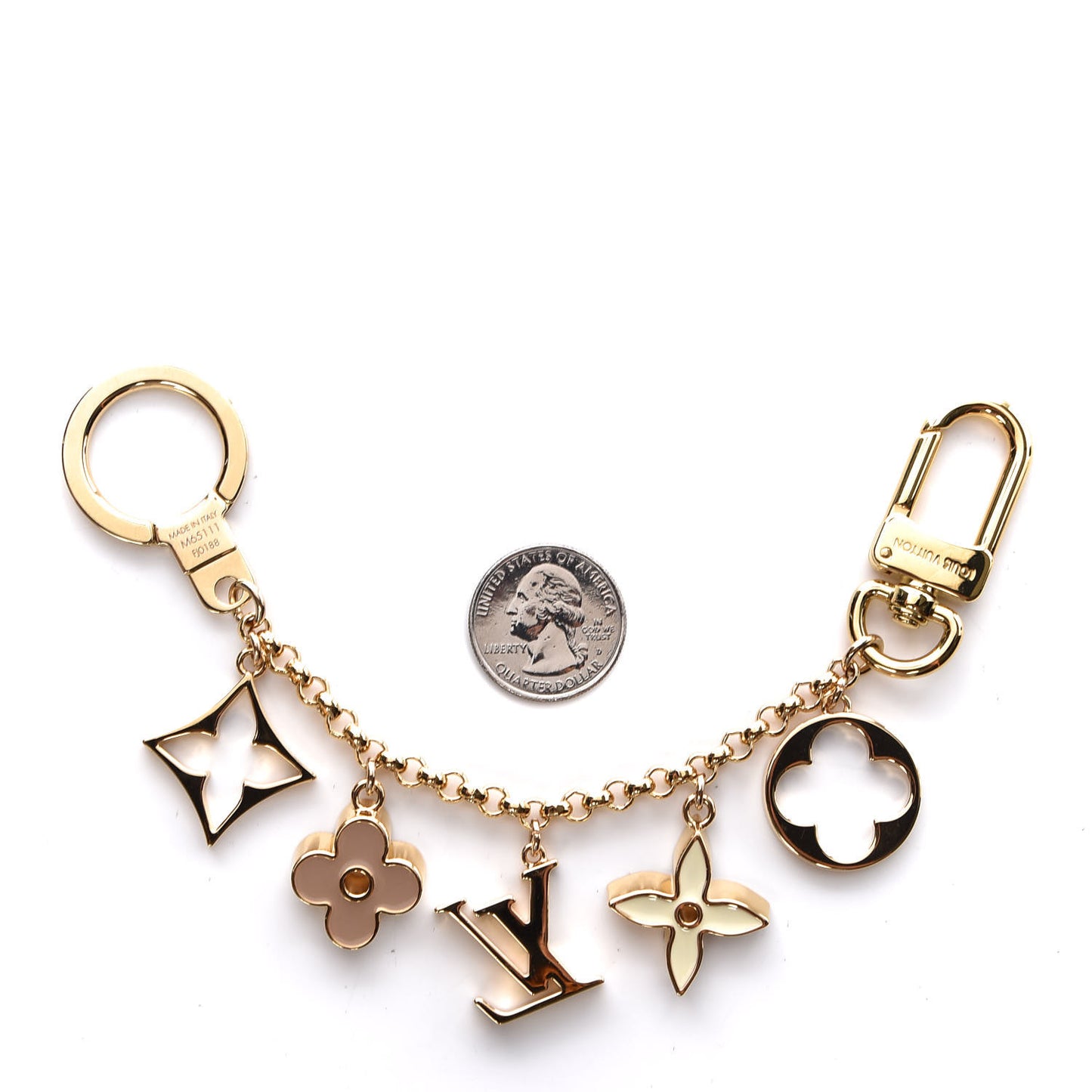 Brass Enamel Fleur De Monogram Bag Charm Chain Gold