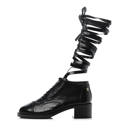 Chanel Crumpled Calfskin Lace Up Short Boots 39 Black 1 of 4