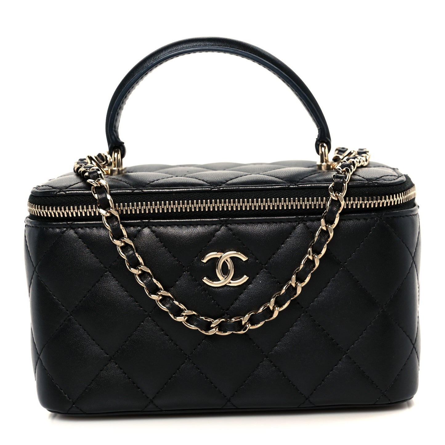 Lambskin Quilted Small Top Handle Vanity Case With Chain Black